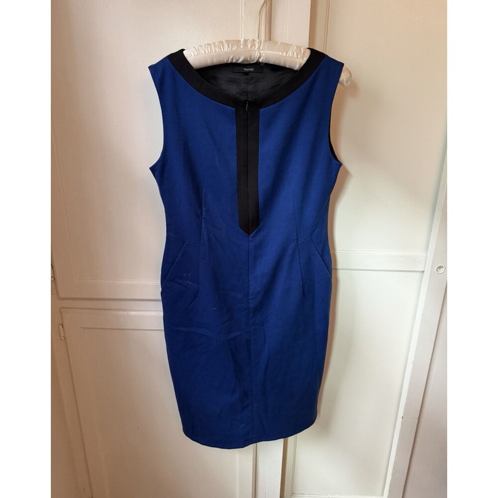 Tahari Cobalt Blue Black Trim Sleeveless Sheath Dress Pockets Career